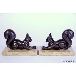 A pair of Art Deco spelter squirrel bookends, circa 1930, large…