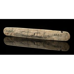 A scrimshaw whalebone busk with steamship titled 'Atalanta,…