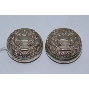 Pair of sterling silver pill boxes, embossed urn design to lids ...