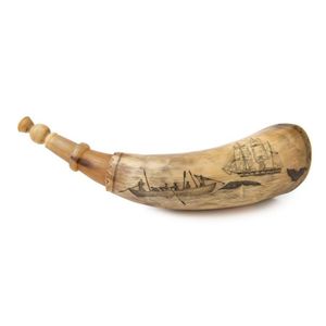 A scrimshaw powder horn with whaling scene engraved 'Sperm…
