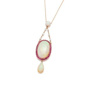 A 15ct gold Victorian opal ruby and pearl necklace; featuring a&hellip;