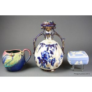 A Remued jug, a flow blue vase and a Wedgwood box, a Remued…