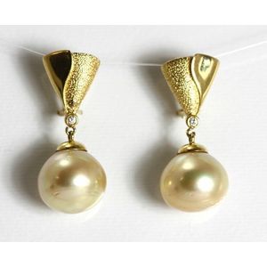 Golden South Sea Pearl and Diamond Drop Earrings - Earrings - Jewellery