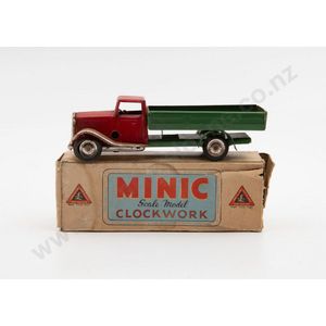 Part boxed Tri-ang Minic flat bed truck red and green tinplate…