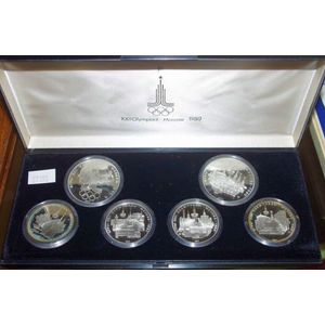 Set of 6 Russian Moscow Olympic silver coins, proof set in box,…