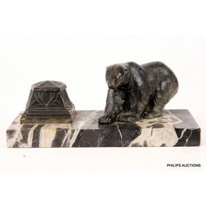 An Art Deco spelter bear ink well, circa 1930, the walking…
