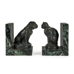 A pair of French Art Deco cat and dog bookends, cast bronze and…