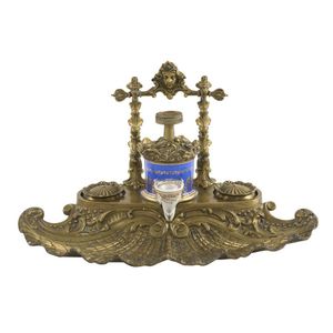 A French bronze and porcelain ink stand, mid-19th century, in…