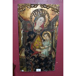 Madonna and Child handpainted and gilt on wooden panel with…