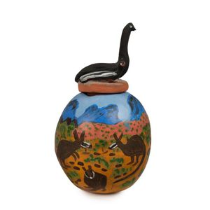 Hermannsburg pottery jar, hand-painted with animals in…