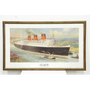 A framed Cunard white star liner poster of the RMS Queen Mary…