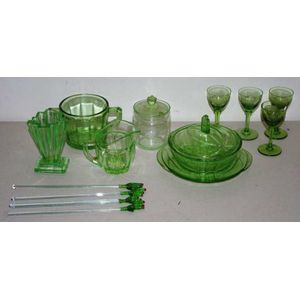 Collection of vintage green glass including a vase, jug, 2…