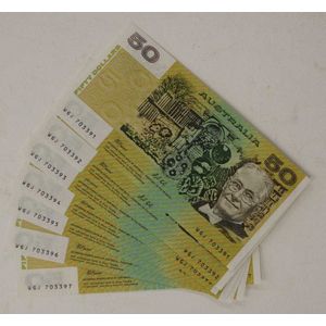 Seven consecutive Fraser/Cole Australian $50 notes UNC,…