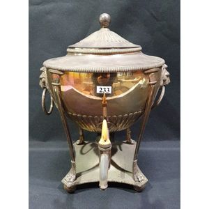 A Regency silver plated samovar, urn shaped, with lion mask to…