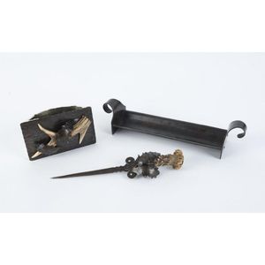 A French 3 piece desk set, wrought iron and antler, circa 1920s,…