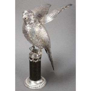 Wonderful Hanau silver parrot box and cover, impressed silver…