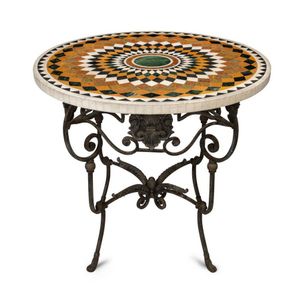 Sampler stone top round conservatory table with iron base,…