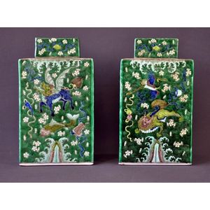 Pair large Chinese famille vert tea caddies. Mythical flying…