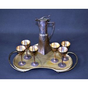 Continental Art Nouveau 8 piece liqueur set. Jug stamped…