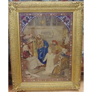 Large Victorian gilt framed religious tapestry with bead work…