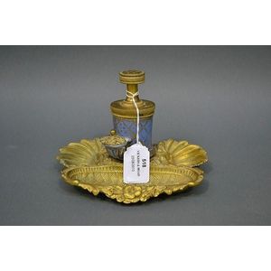 Rare antique French inkwell, central porcelain pot flanked by a…
