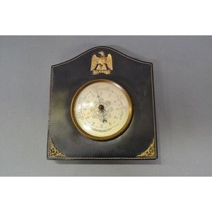Vintage French leather & bronze decorated barometer. 19 cm high