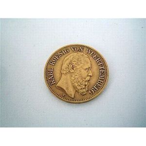 A German gold 10 mark coin of Karl of Wurttemburg, 1876. Wt 3.8g