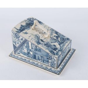 An English porcelain cheese dish and cover, transfer blue and…