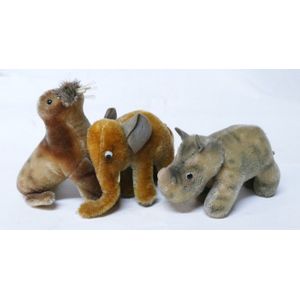 Three vintage miniature plush Steiff toys, walrus, elephant and…