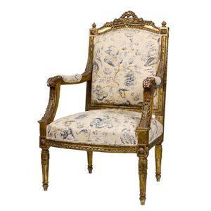 Pair of french louis xv style wooden yellow striped upholstered