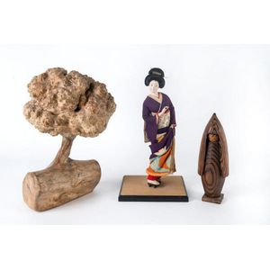 Japanese tree ornament (signed) and two Japanese dolls, 20th…