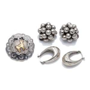 Sterling silver earrings and brooch, Mexican silver cluster…