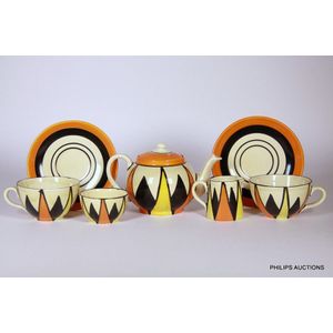 A Clarice Cliff seven piece 'Original Bizarre' tea set,…