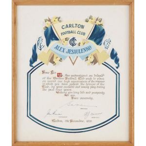 Carlton hand-painted Certificate, 'Carlton Football Club. Alex…
