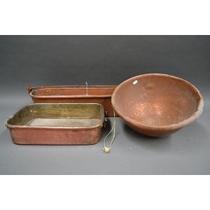 Antique French copper fish kettle, baking tray & mixing bowl (3)