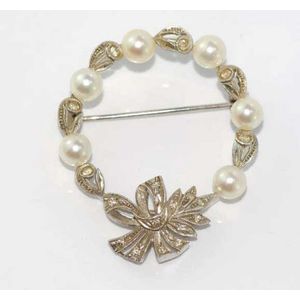 18ct White Gold Pearl & Diamond Brooch - Vintage - Brooches - Jewellery