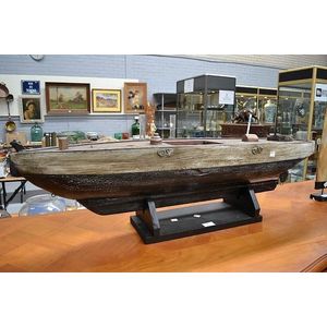 Large old wooden pond boat & stand, approx. 28 cm x 100 cm