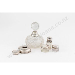 6 various dressing table items, comprising, a cut crystal scent…