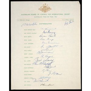 1961 Australian team on Tour: official team sheet, fully signed&hellip;