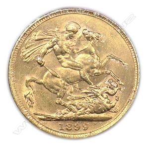 An 1899 full gold sovereign coin, Queens head, English mint