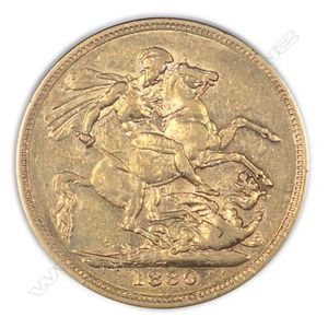 An 1880 full gold sovereign coin, young Queens head, English…