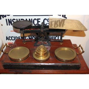 Antique Postal Scales, Letter Scales, Inland Letters, Scales With Weights,  8 Ounce Weight, Wood and Brass, Industrial Look, Desk Feature 