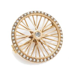 An antique Australian 15ct gold diamond and pearl wheel brooch,&hellip;