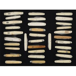 Thirty three folding pocket knives with bone handles, English…