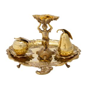 A Georgian sterling silver gilt ink stand, the stand, John King,…
