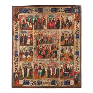 A large Russian painted and silvered fruitwood icon, late 18th…