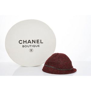 Chanel, bucket hat, dark red tweed with black, gold threads,&hellip;