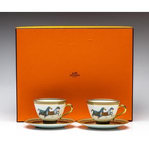 Hermes Cheval d'Orient Printed Porcelain Teacup & Saucer Set of 11 Hermes