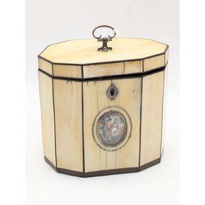 Rare Georgian ivory tea caddy, ten sided with silver framed…