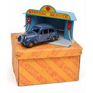 CIJ (France) tinplate service station and car, missing key (VG…